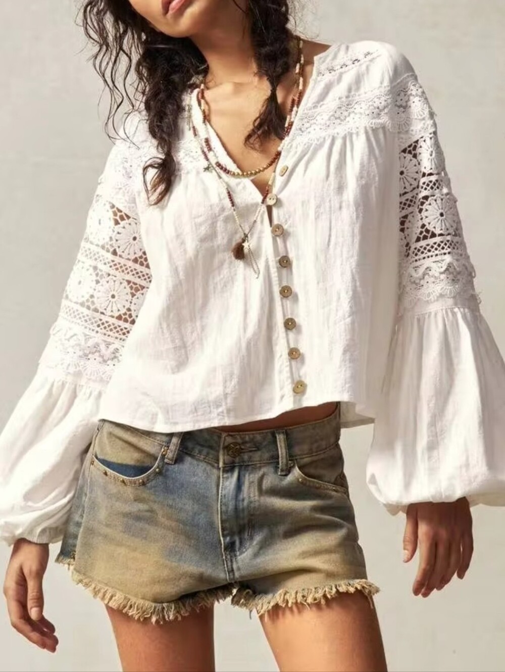 NEW Embroidered Lace Button Up Cotton Top Blouse Long Sleeve White